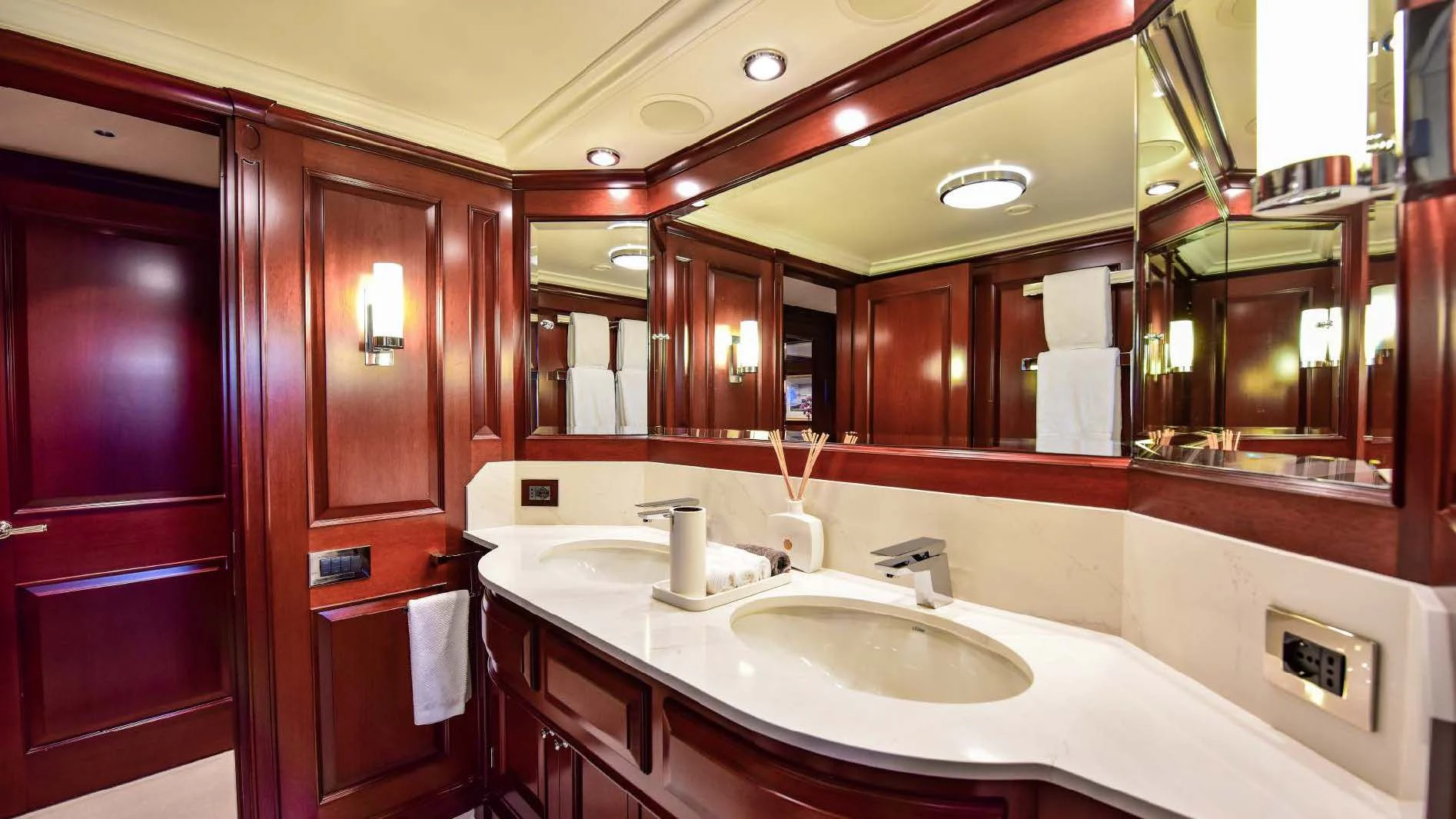 a bathroom with a large mirror aboard HALCYON Yacht for Sale