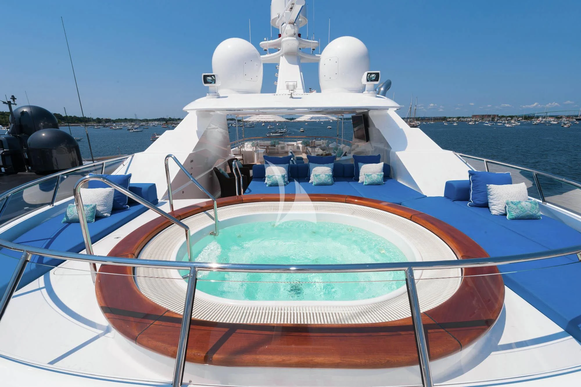 a large white ship with many containers on it aboard HALCYON Yacht for Sale