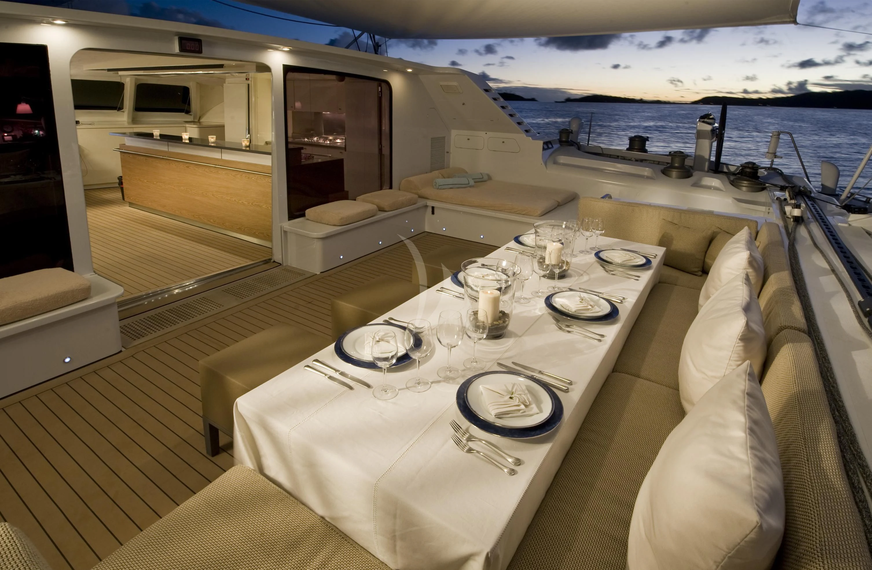 a table on a boat aboard MAGIC CAT Yacht for Sale