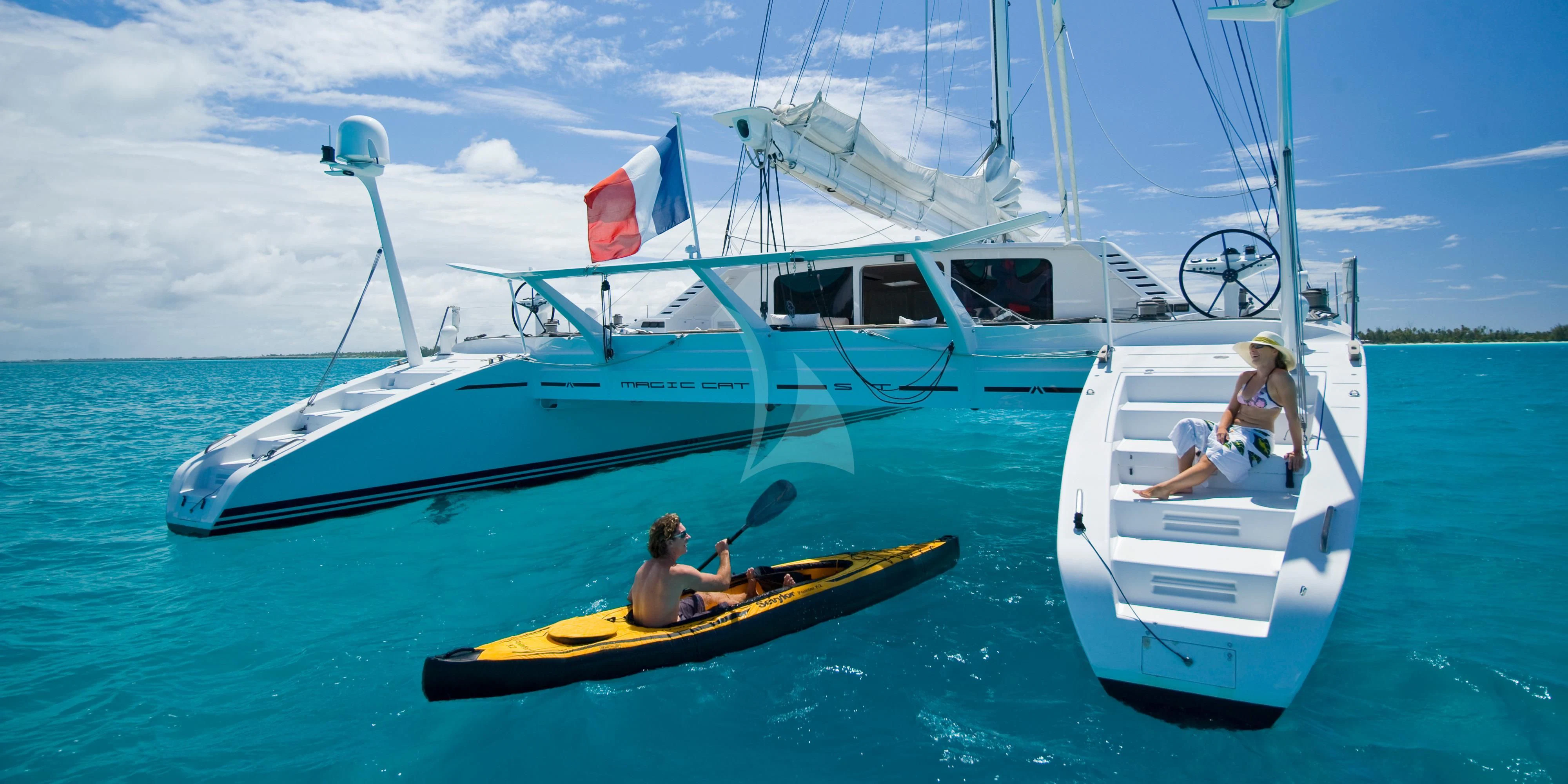 a couple of people in a sailboat on the water aboard MAGIC CAT Yacht for Sale