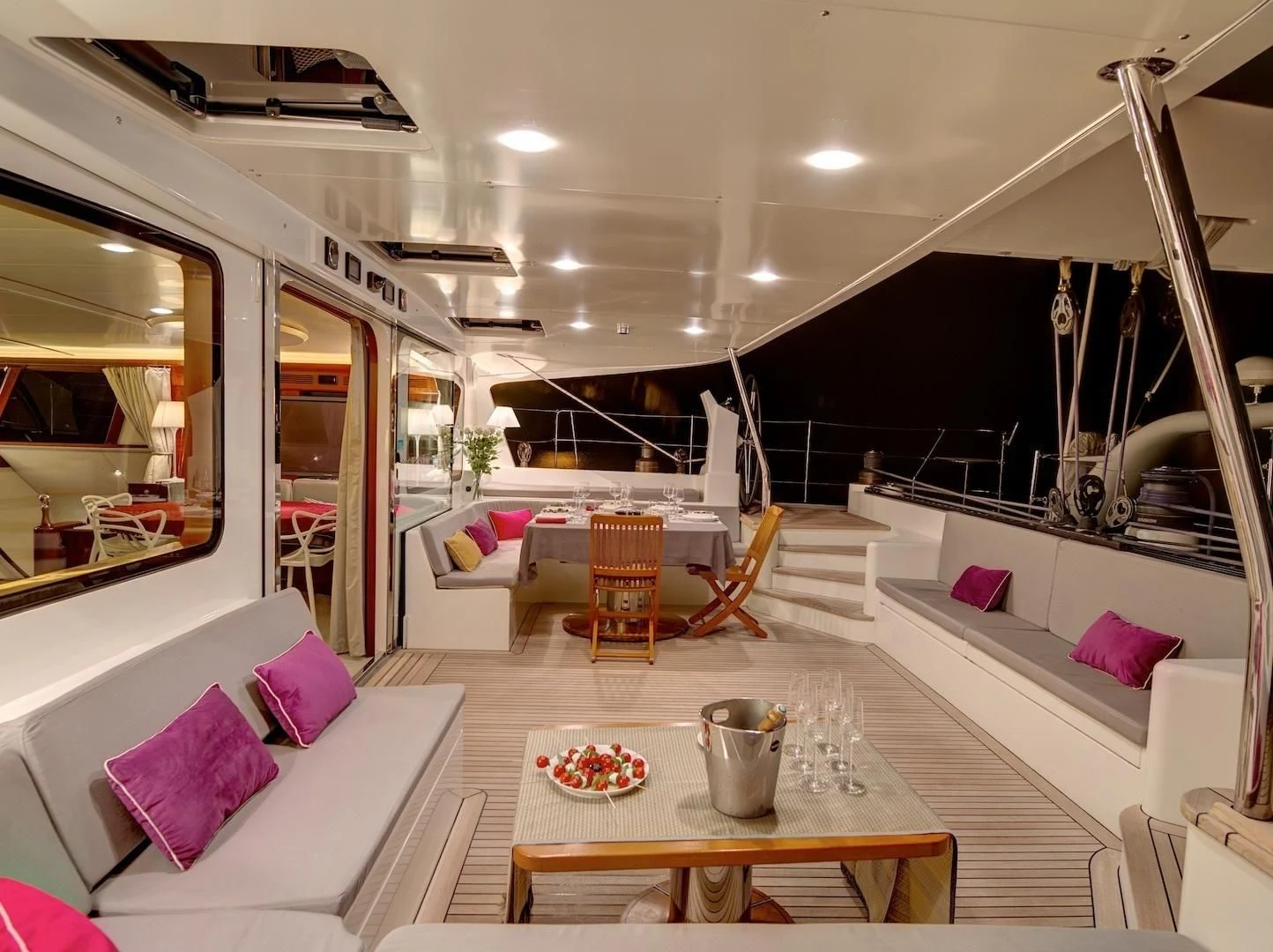 a modern looking living room aboard MIROVIA Yacht for Charter