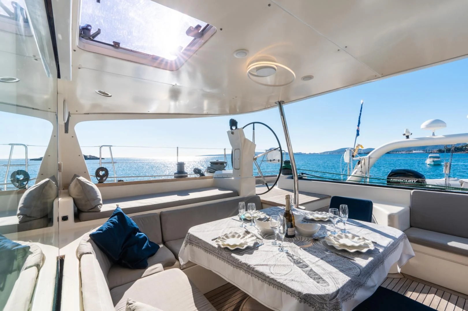 a table on a boat aboard MIROVIA Yacht for Charter