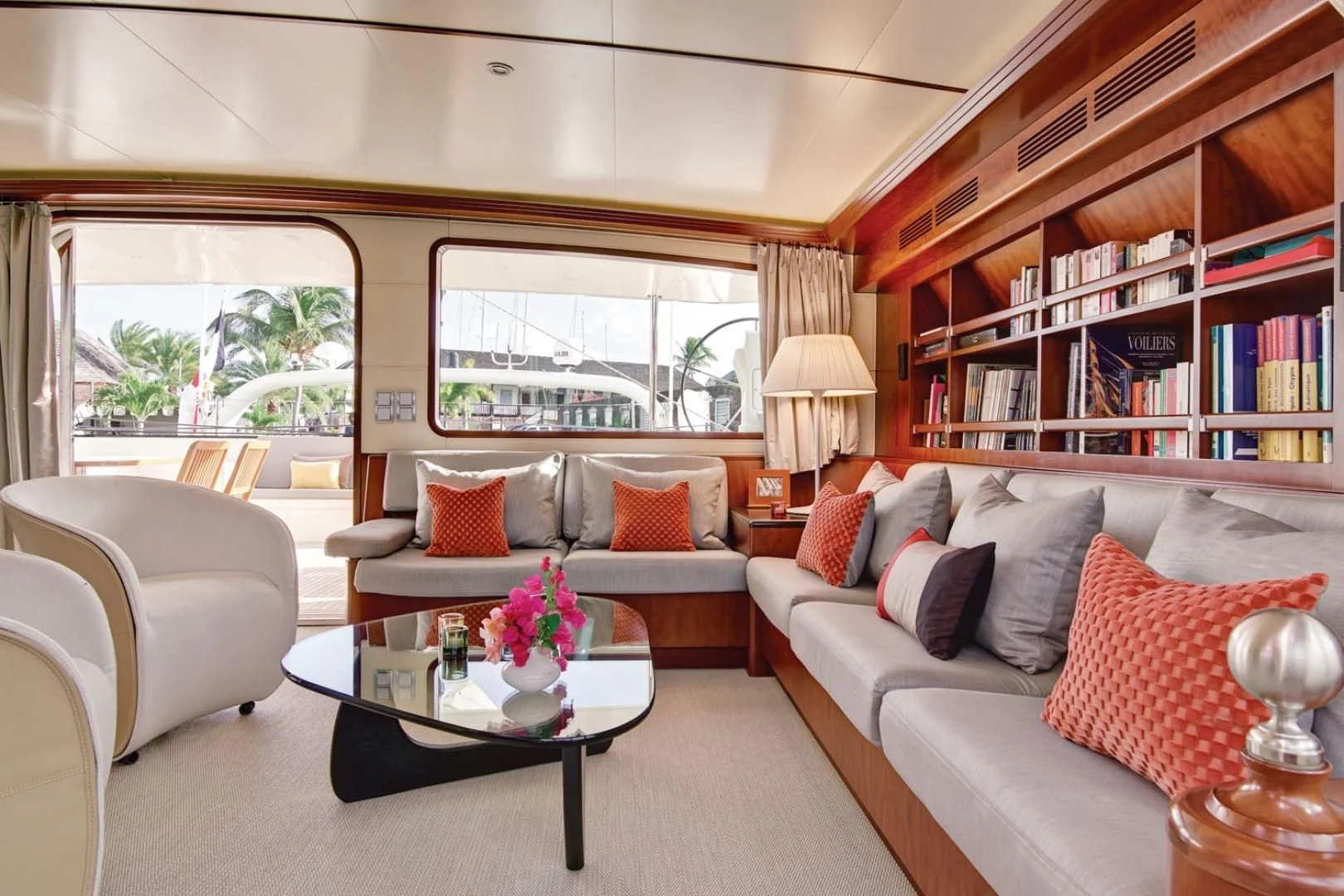 a living room with a couch and a coffee table aboard MIROVIA Yacht for Charter