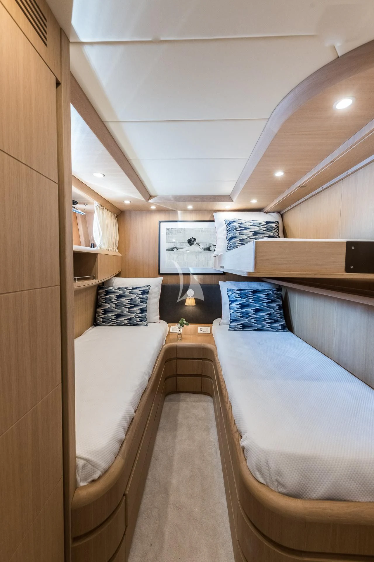 a room with bunk beds aboard POBEDY I Yacht for Sale