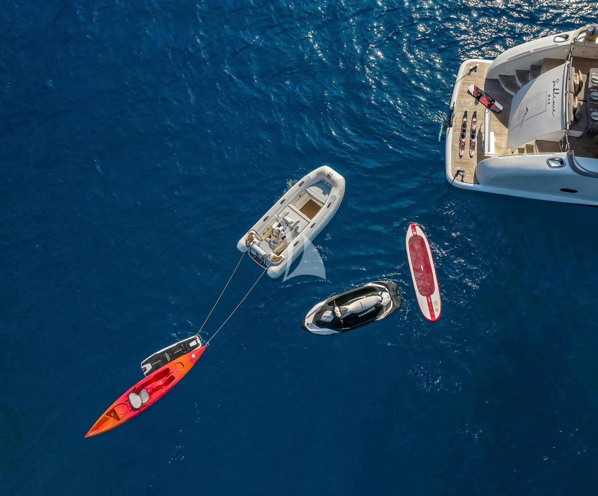 a boat and a helicopter in the water aboard POBEDY I Yacht for Sale
