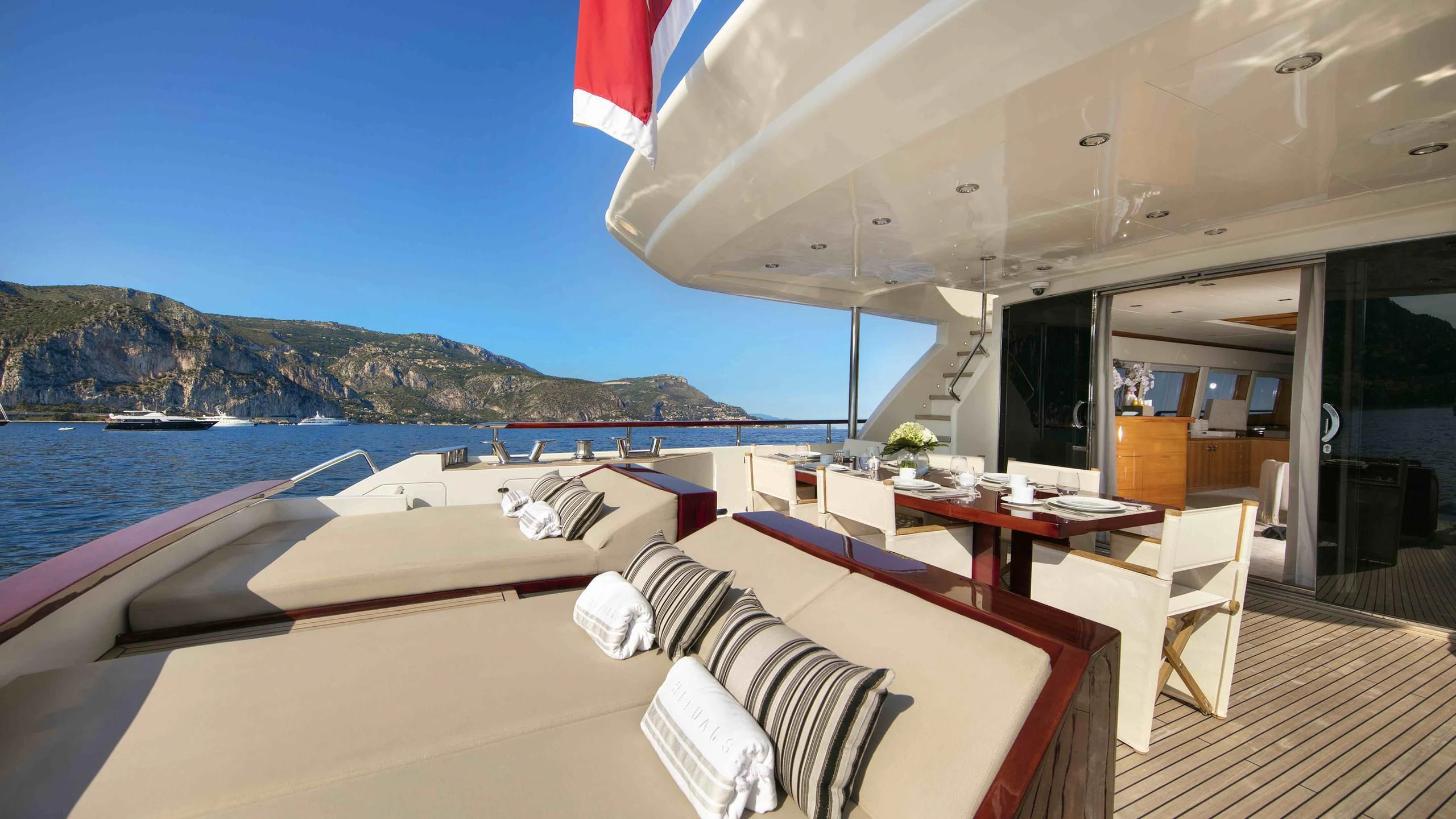 a boat on a deck aboard APMONIA Yacht for Sale