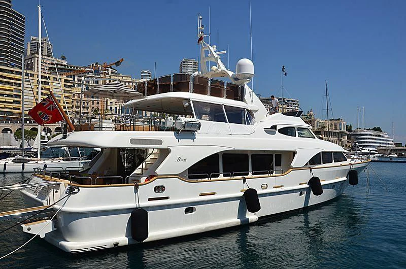 a white yacht in a harbor aboard ARTEMIS Yacht for Sale