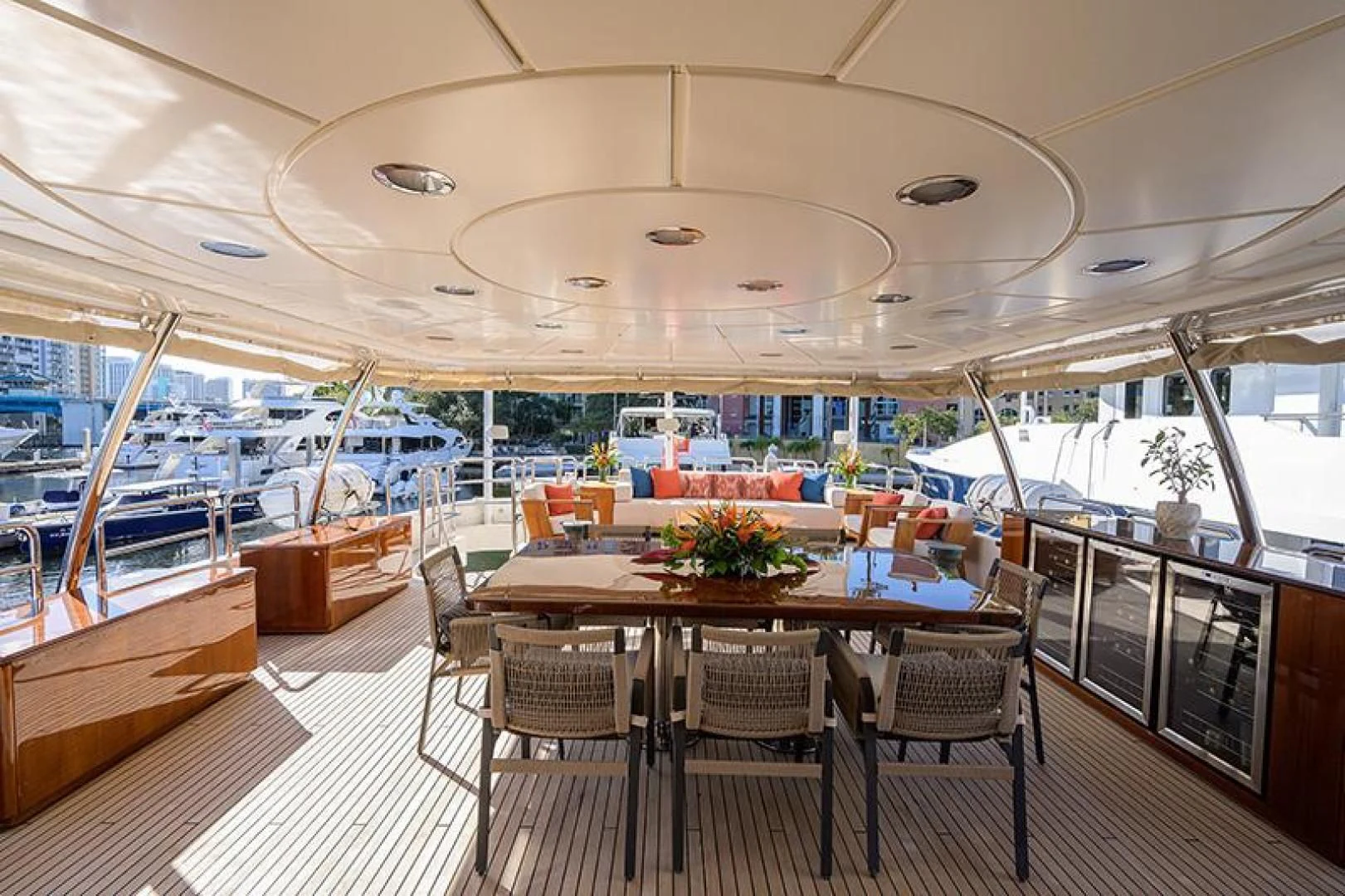 a boat with tables and chairs aboard ARTEMIS Yacht for Sale
