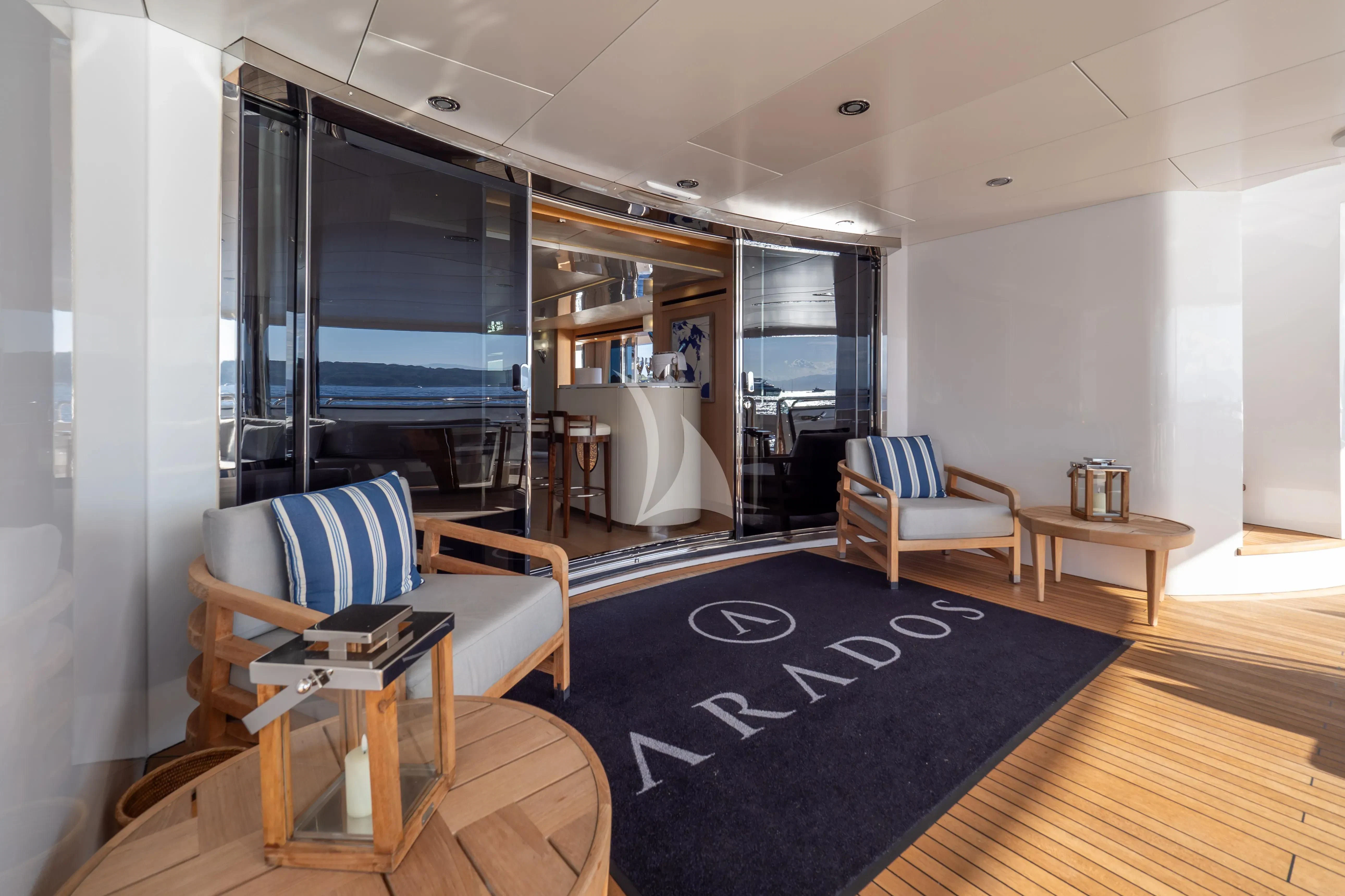 a room with a large tv and a table aboard ARADOS Yacht for Charter