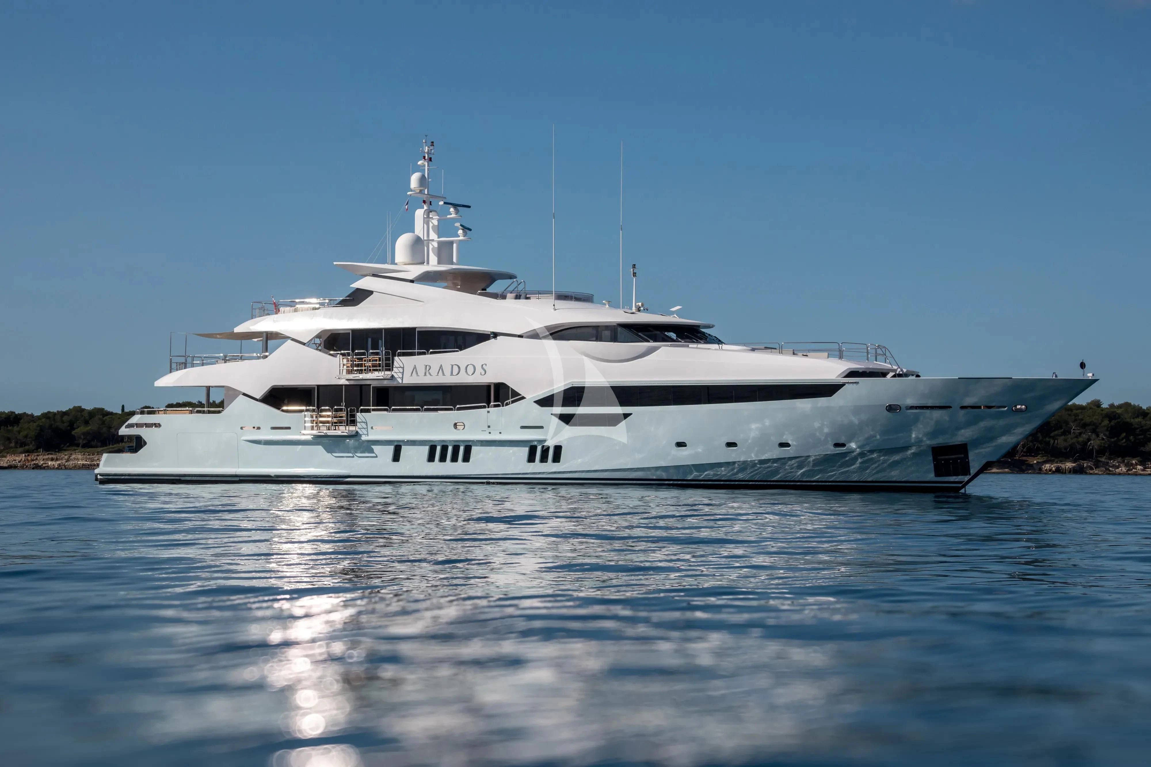 a large white yacht on the water aboard ARADOS Yacht for Charter