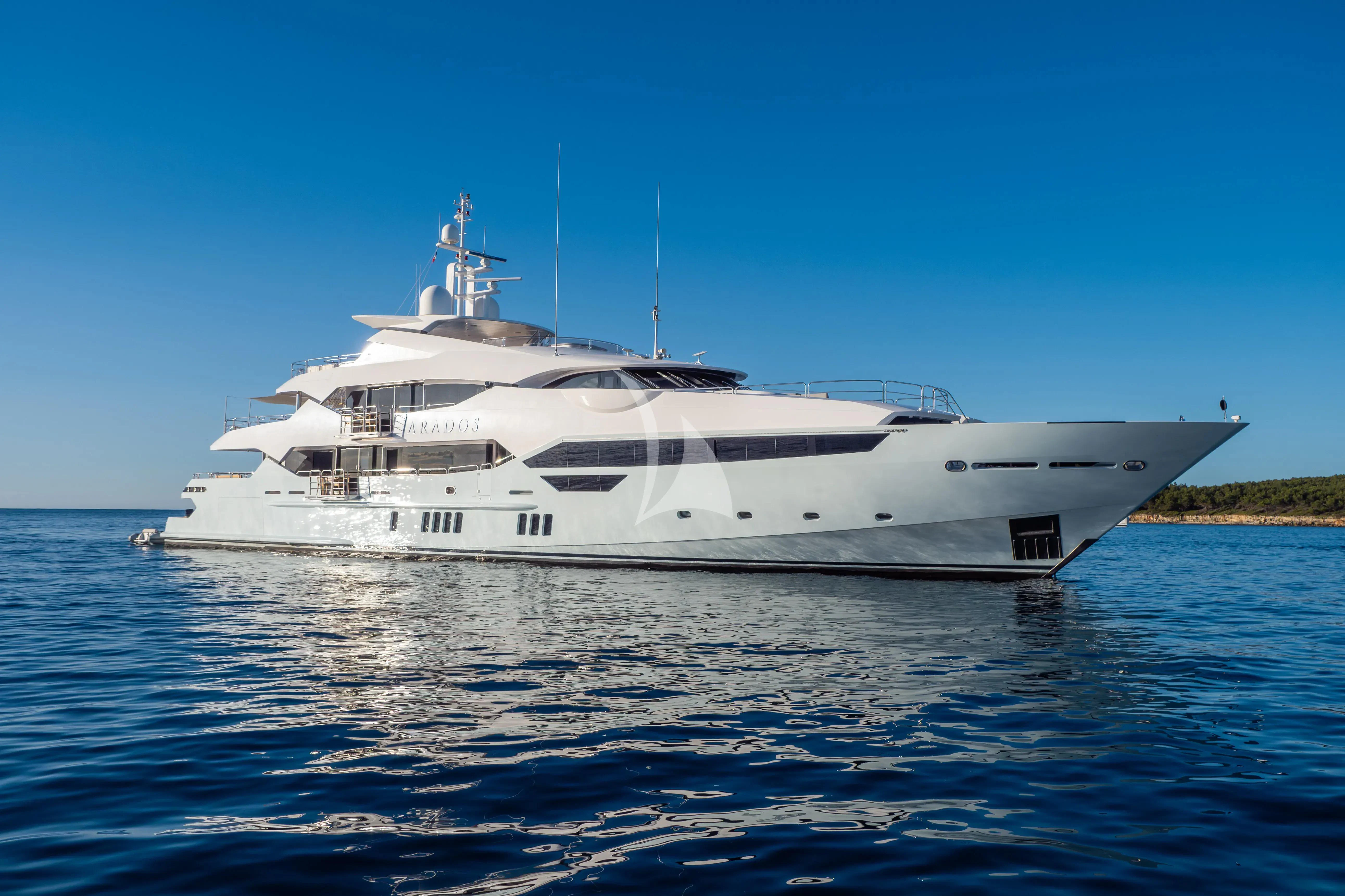 a white yacht on the water aboard ARADOS Yacht for Charter