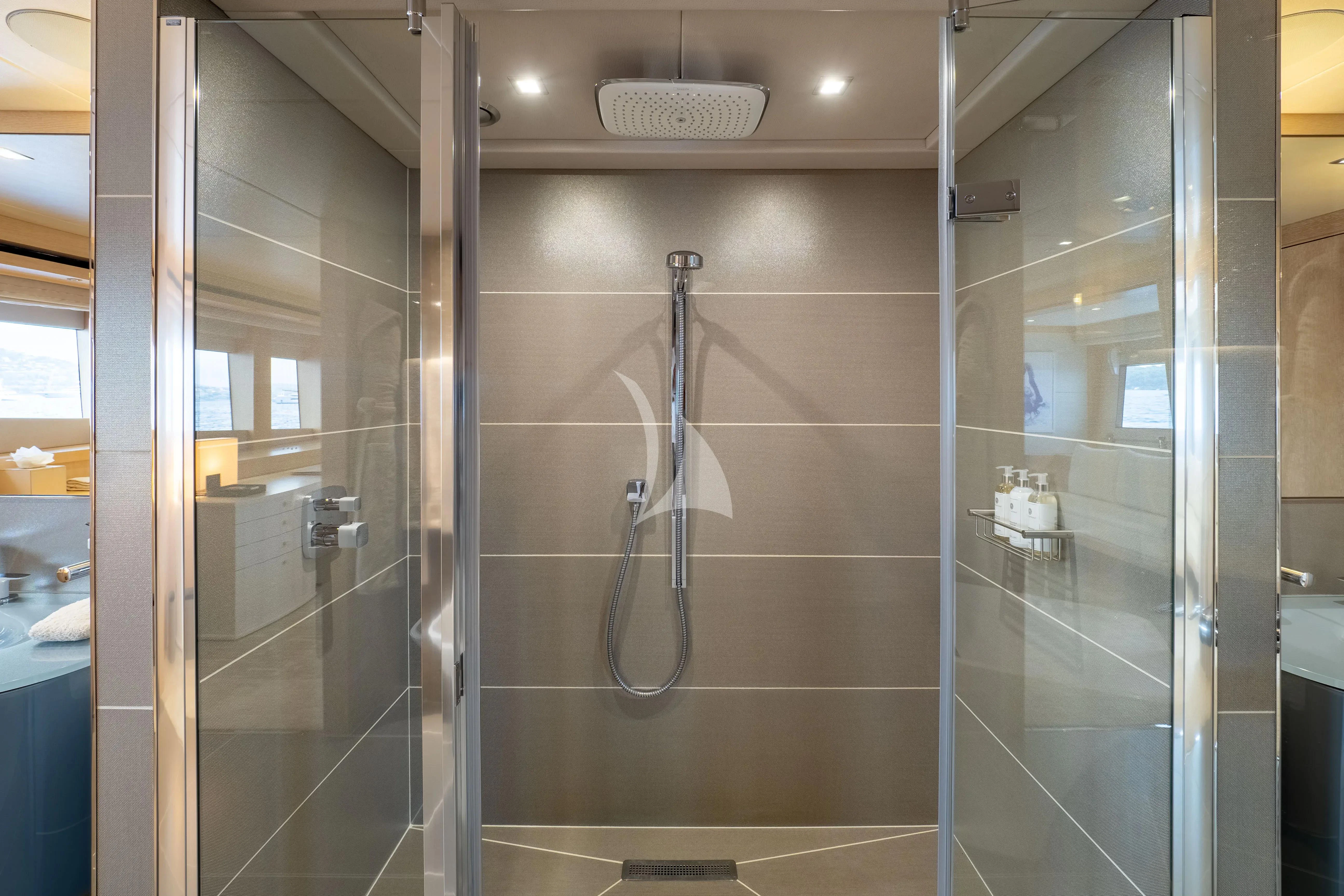 a bathroom with a shower aboard ARADOS Yacht for Charter
