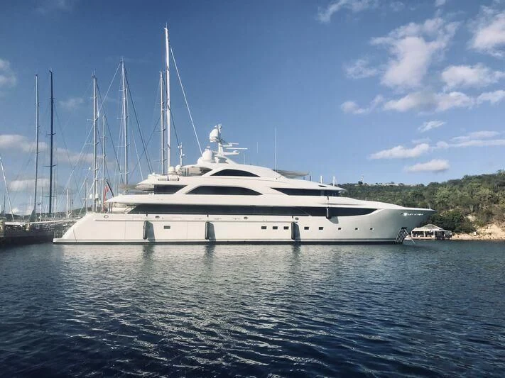 a white yacht in the water aboard SATORI Yacht for Sale