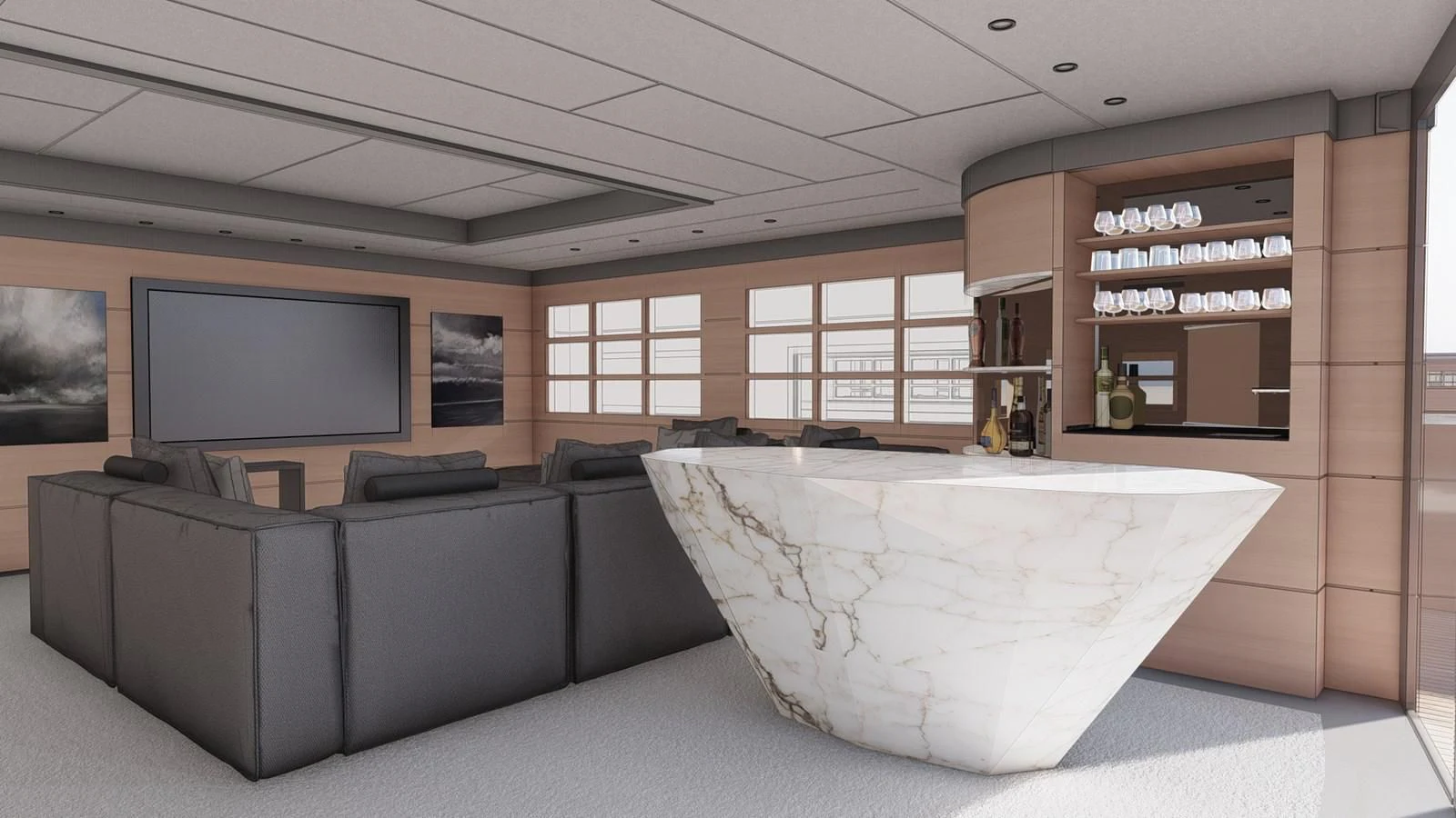 a large room with a couch and a tv aboard SOFIA 3 Yacht for Sale