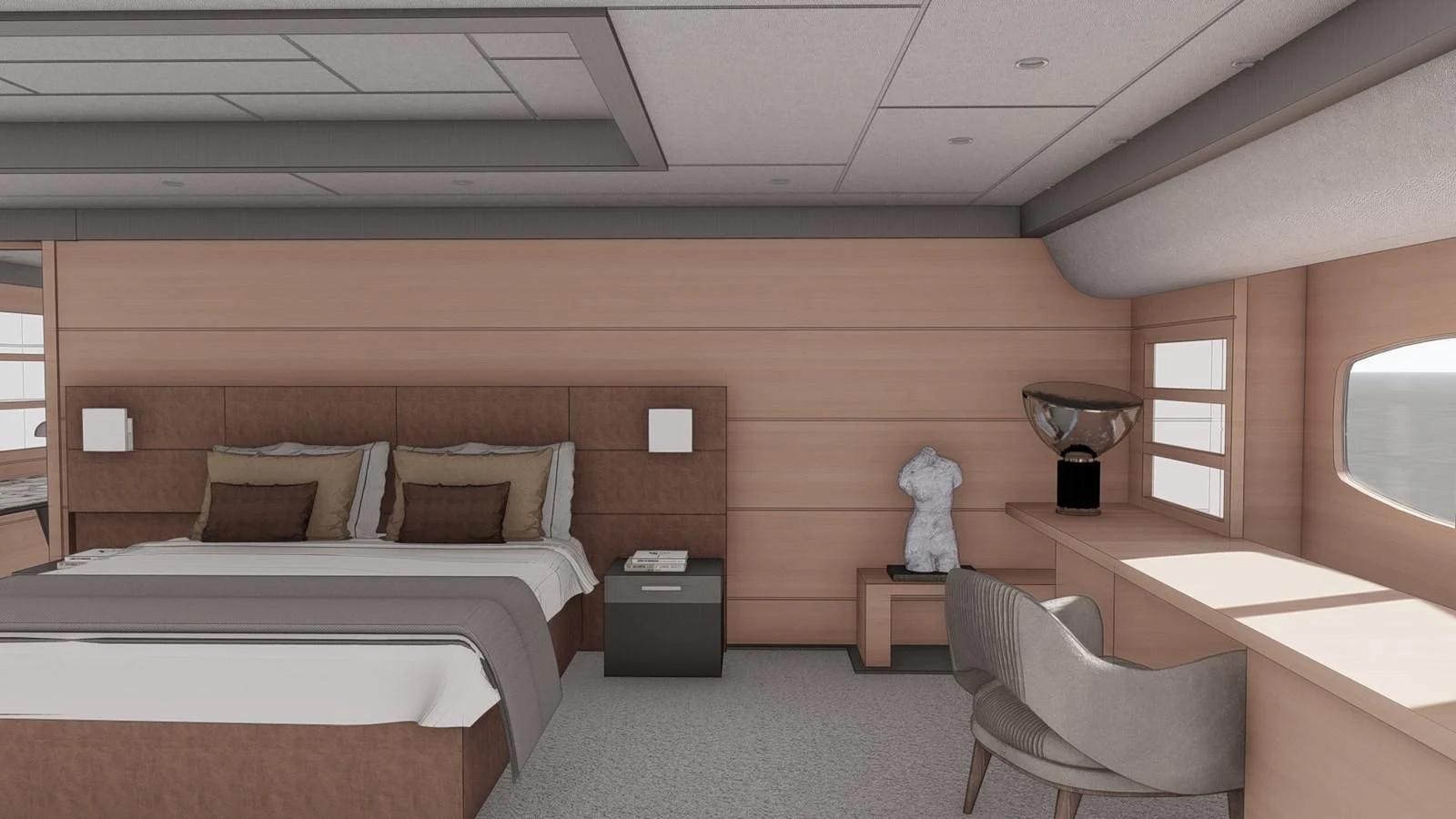 a room with a bed and a desk aboard SOFIA 3 Yacht for Sale