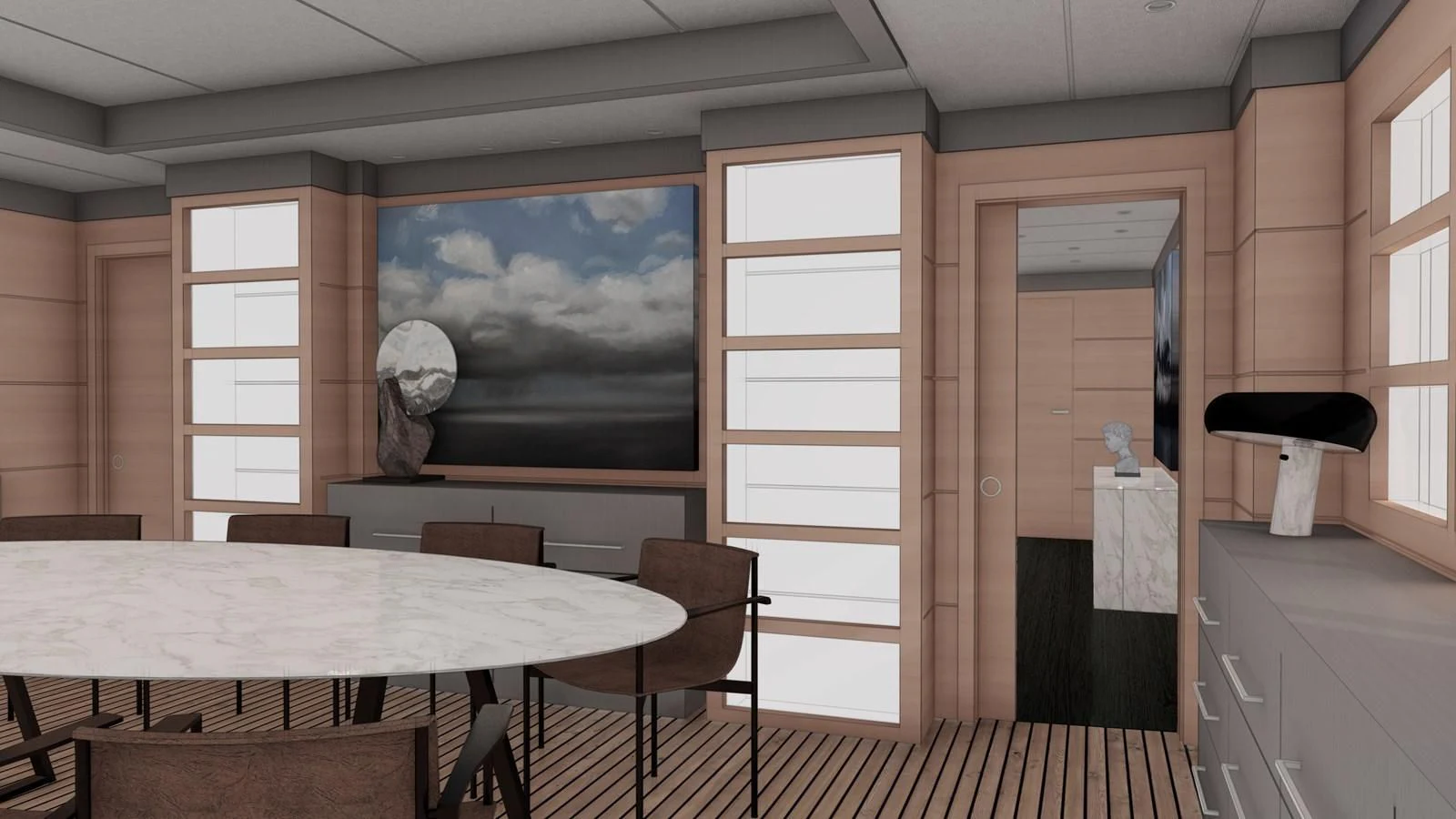 a room with a table and chairs aboard SOFIA 3 Yacht for Sale