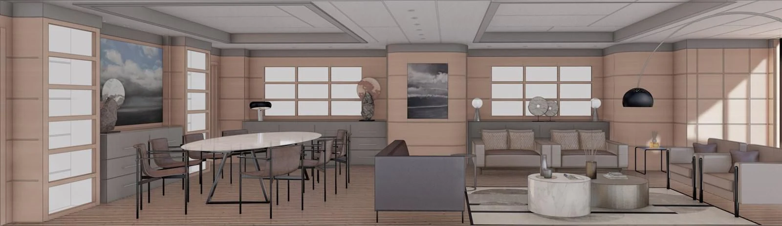 a room with a table and couches aboard SOFIA 3 Yacht for Sale