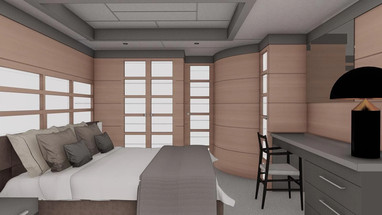 a room with a bed and a desk aboard SOFIA 3 Yacht for Sale