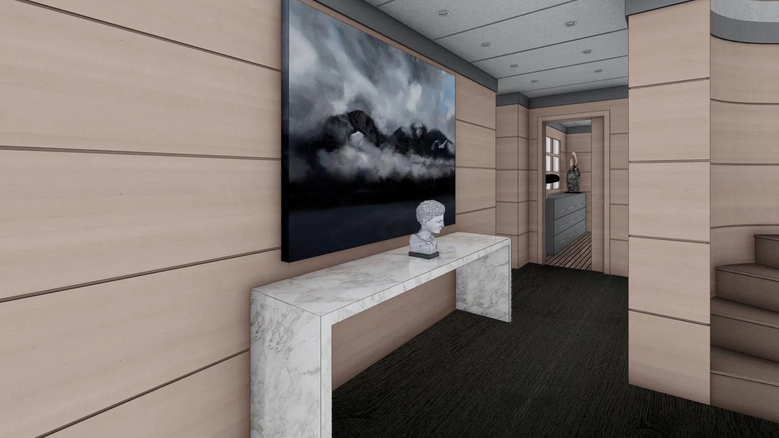 a room with a white shelf and a white wall with a black painting on it aboard SOFIA 3 Yacht for Sale