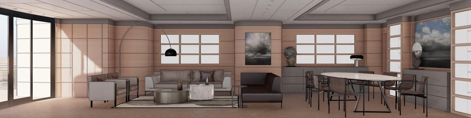 a room with tables and chairs aboard SOFIA 3 Yacht for Sale