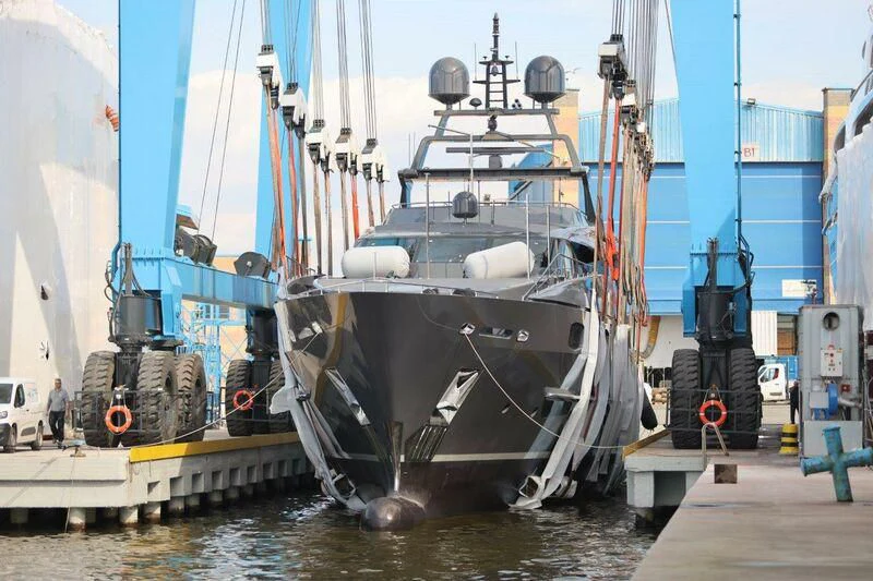 a large ship docked aboard SOFIA 3 Yacht for Sale