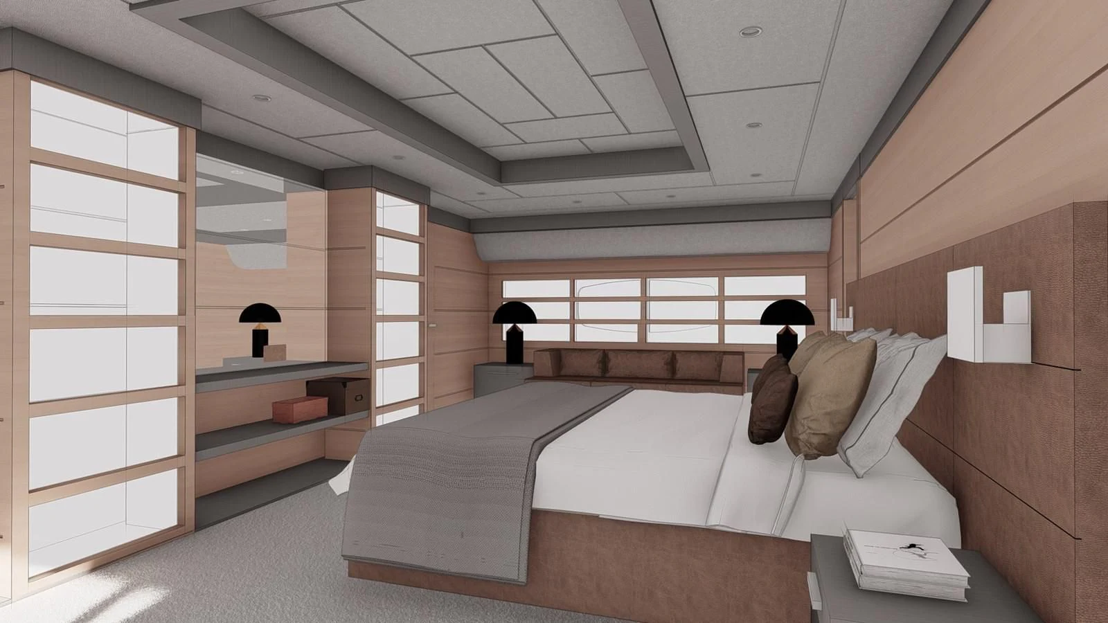 a room with a bed and a desk aboard SOFIA 3 Yacht for Sale