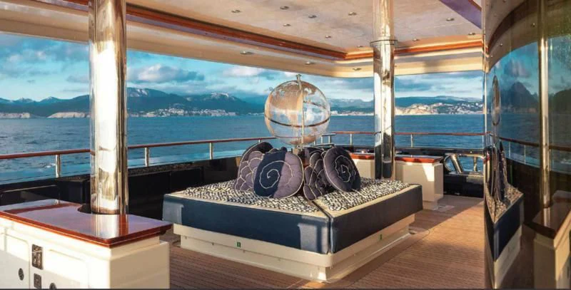 a large satellite dish on display aboard BEOL Yacht for Sale