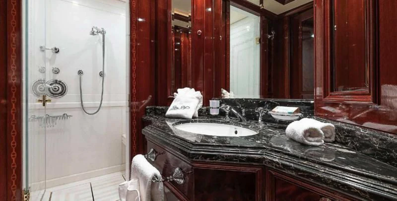 a bathroom with a countertop sink aboard BEOL Yacht for Sale