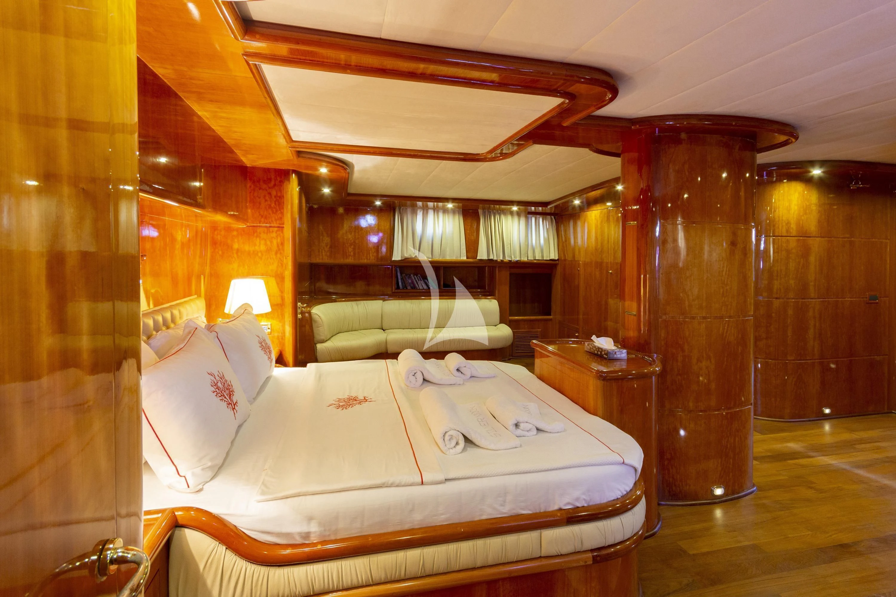 a bed in a room aboard SILVER MOON Yacht for Sale