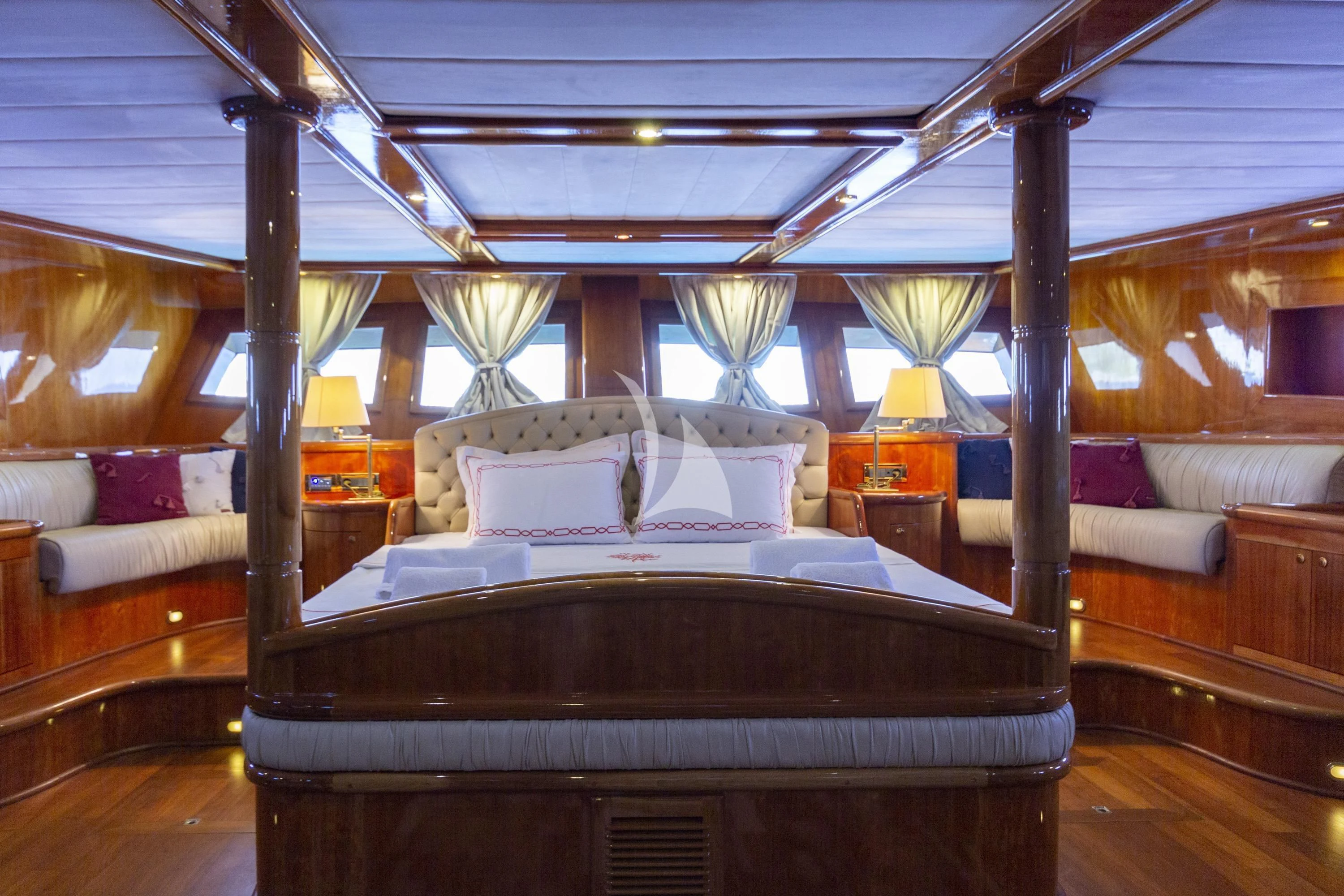 a bed in a room aboard SILVER MOON Yacht for Sale