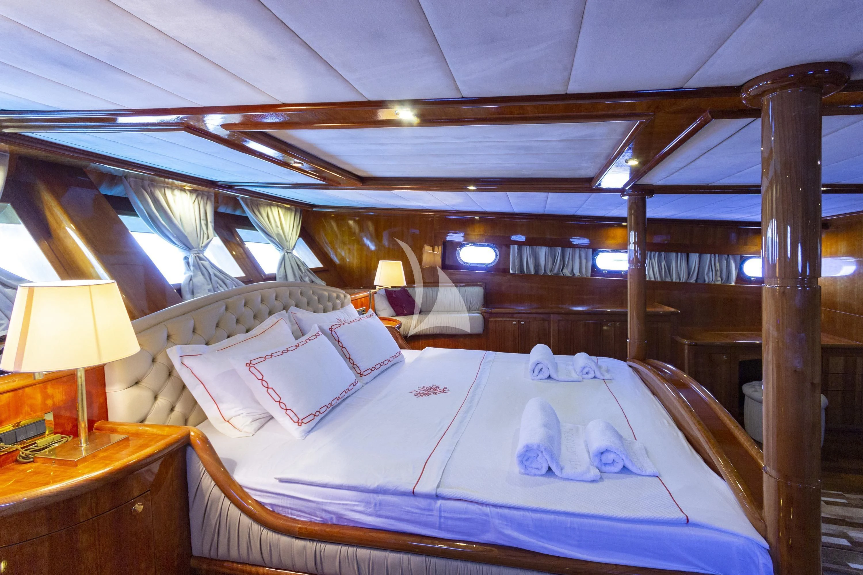 a bed with a canopy aboard SILVER MOON Yacht for Sale