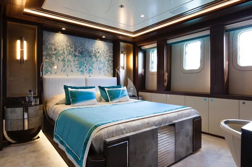 a bed in a room aboard JULIA Yacht for Sale