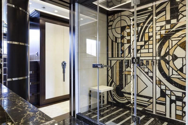 a room with a large glass wall aboard JULIA Yacht for Sale