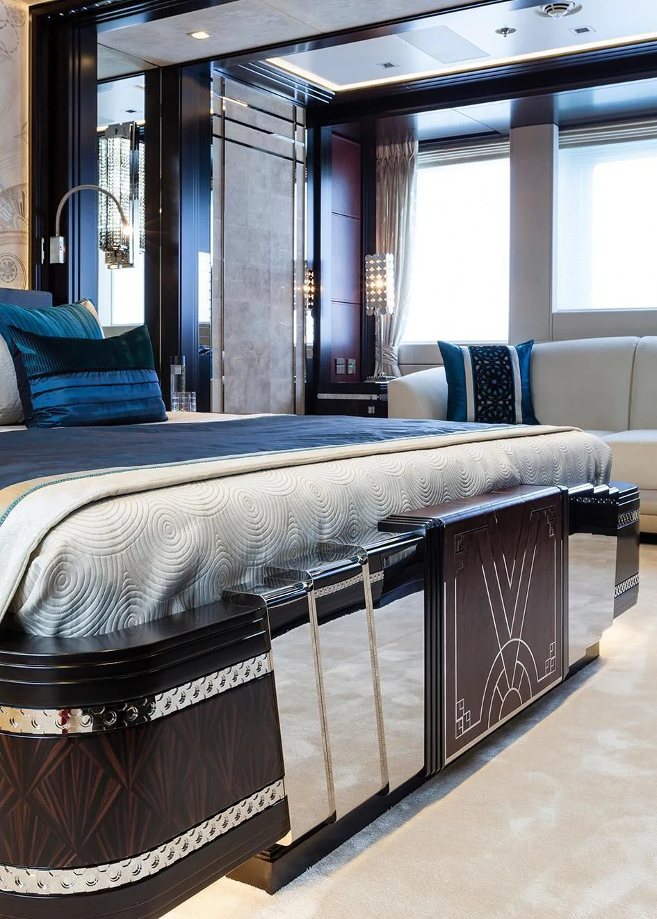 a bed with a white sheet aboard JULIA Yacht for Sale