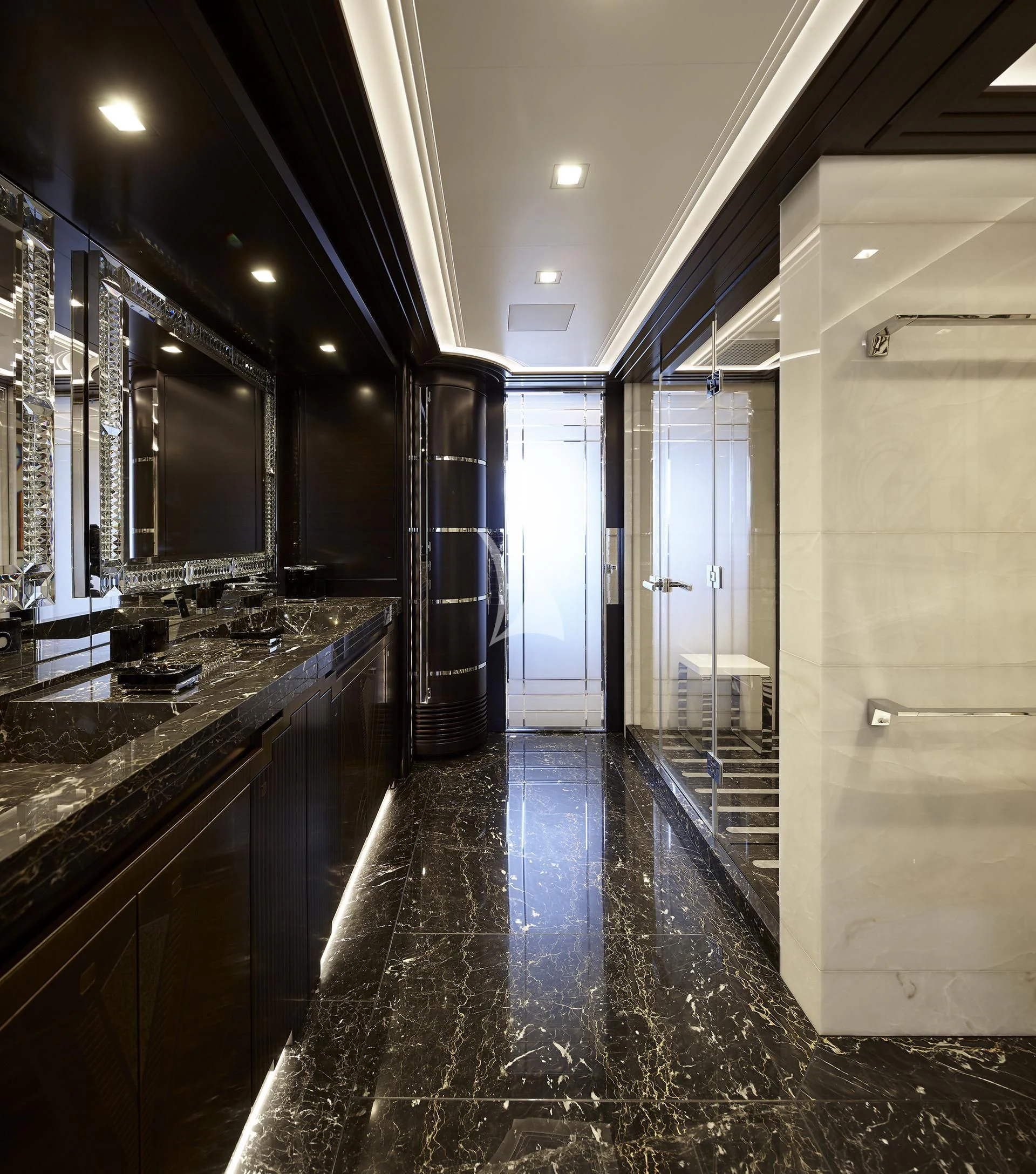 a long marble counter top in a bathroom aboard JULIA Yacht for Sale
