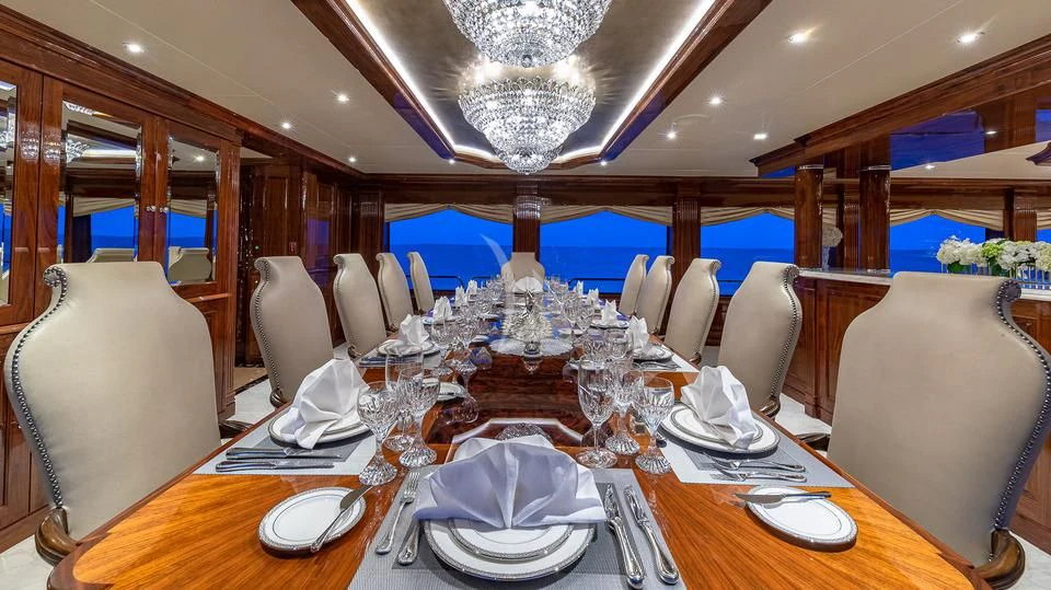 a table set for a dinner aboard SILVER LINING Yacht for Sale