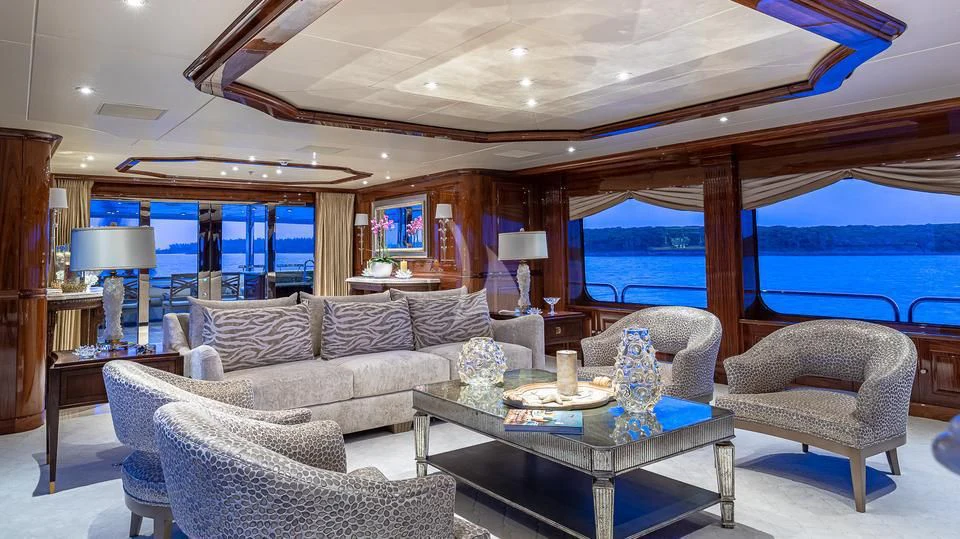 a living room with a large window aboard SILVER LINING Yacht for Sale