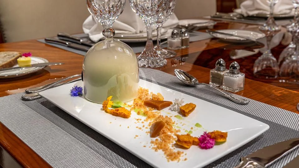 a plate with food on it aboard SILVER LINING Yacht for Sale