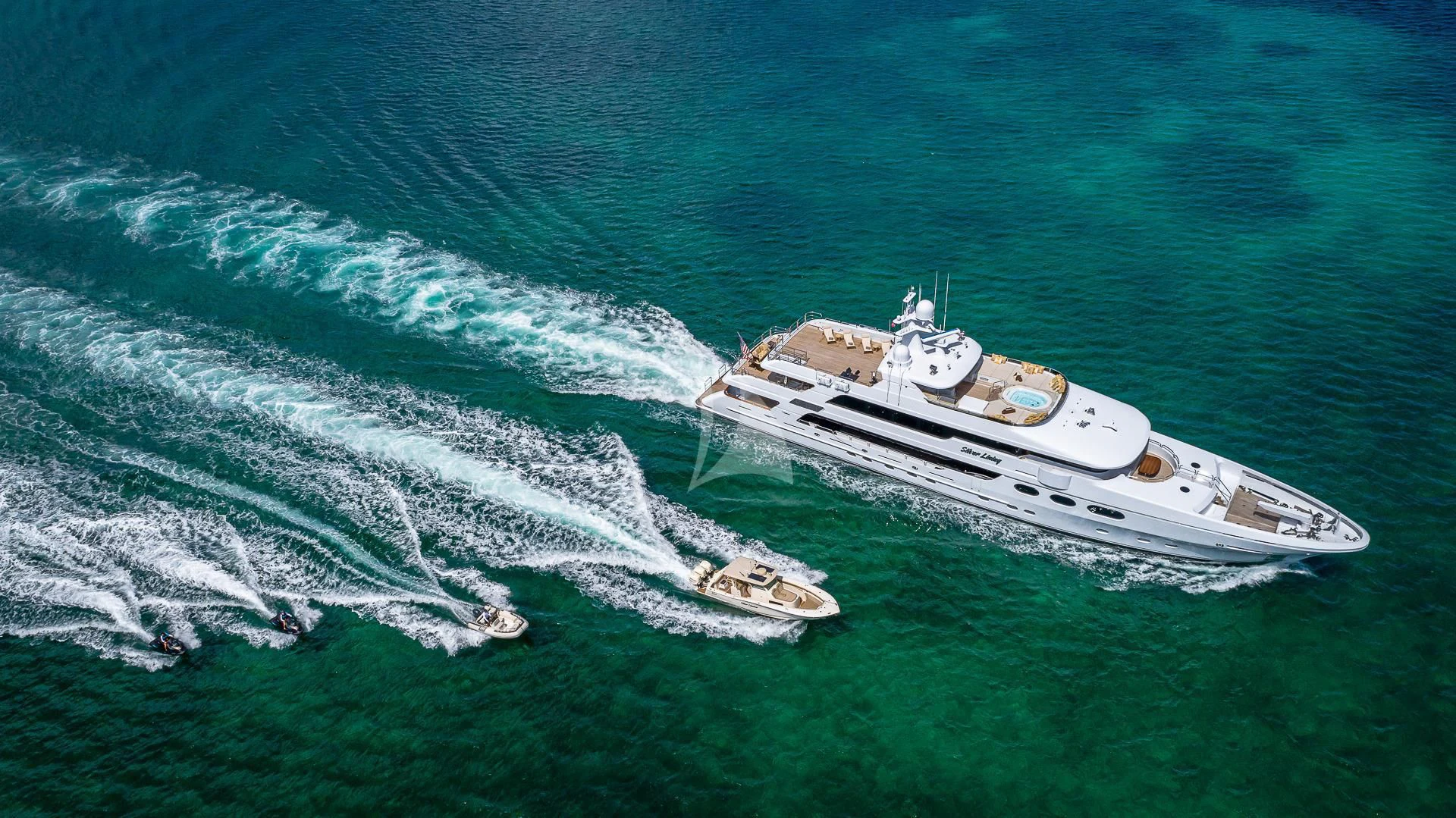 a ship in the ocean aboard SILVER LINING Yacht for Sale