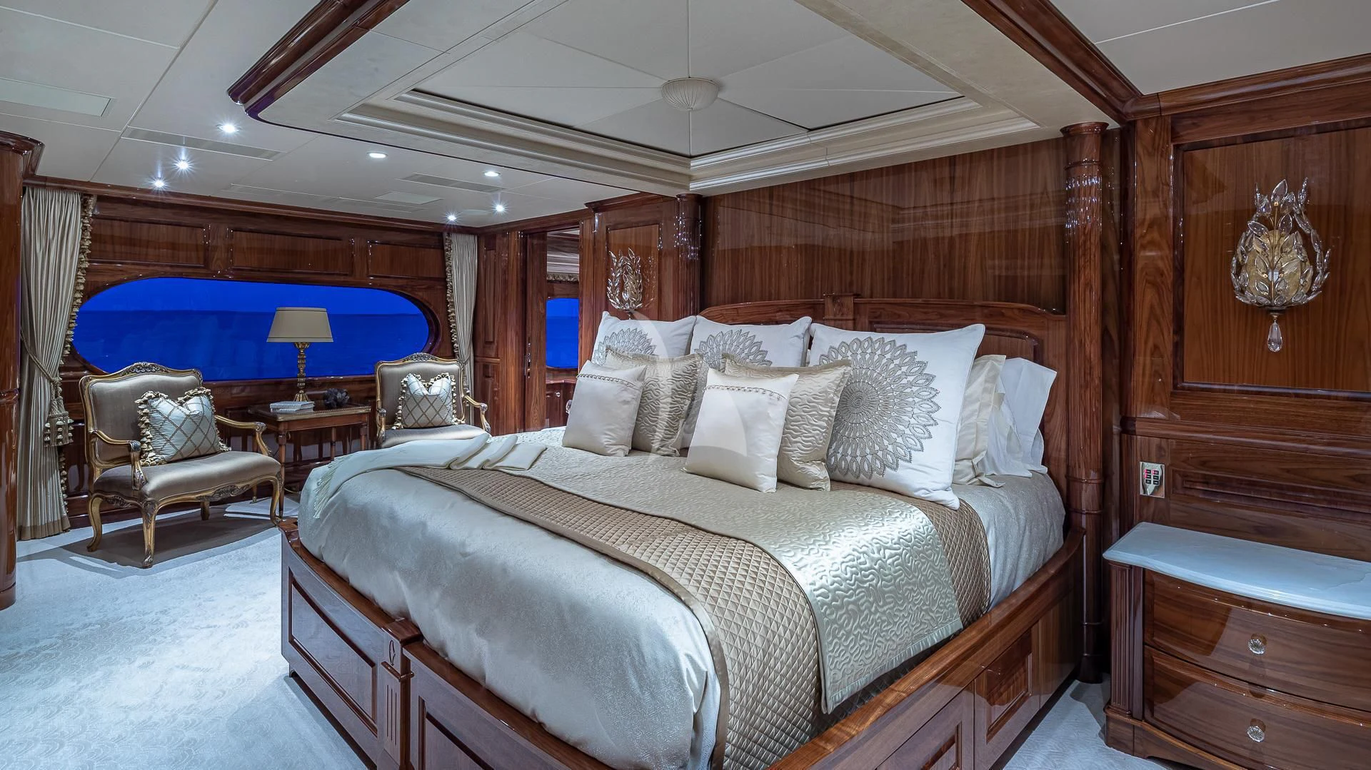 a bed with a wooden canopy aboard SILVER LINING Yacht for Sale