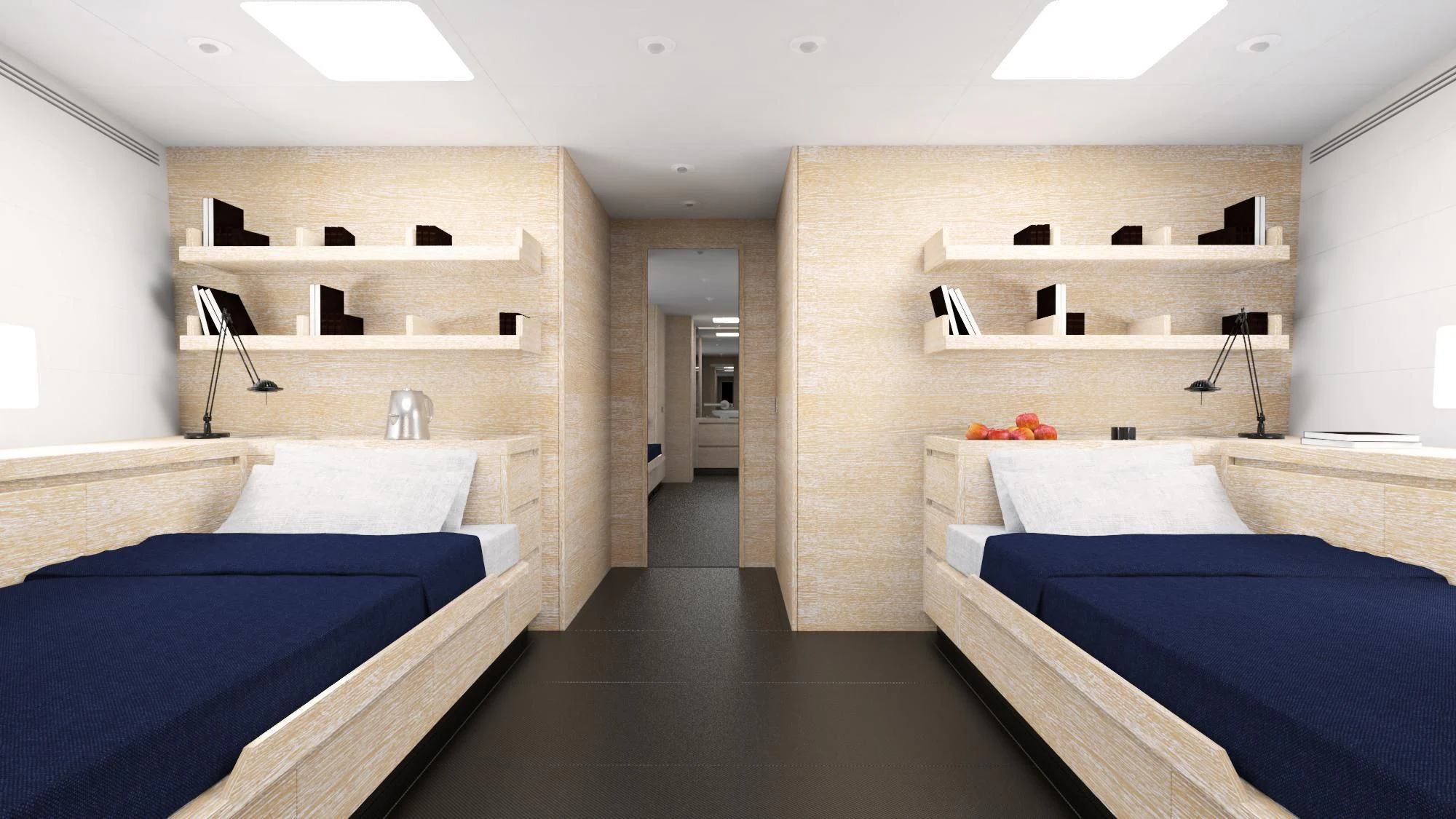 a room with a bed and a shelf with books on it aboard BARONG D Yacht for Sale