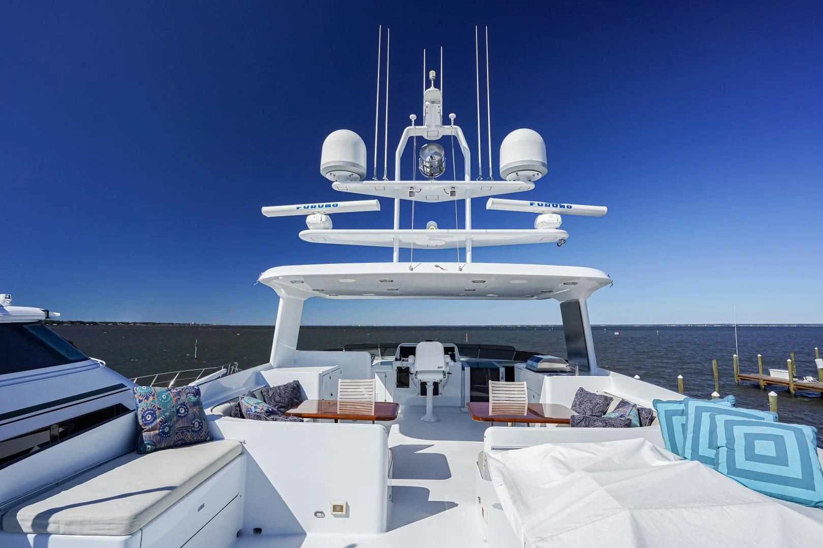 a white ship with a satellite on it aboard CHECKERS Yacht for Sale