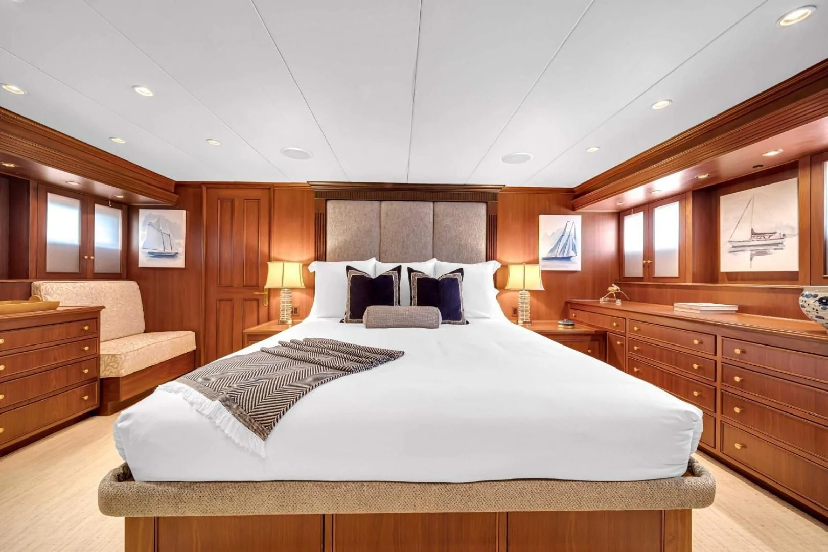 a bed in a room aboard CHECKERS Yacht for Sale