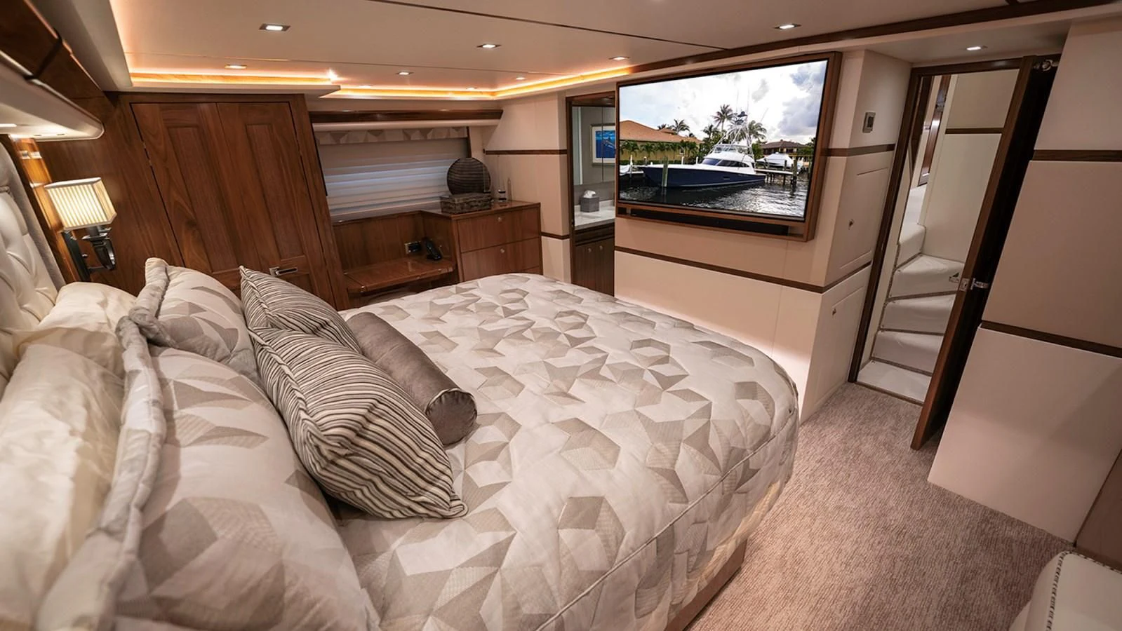 a bed in a room aboard WHY WOULDN'T WE Yacht for Sale