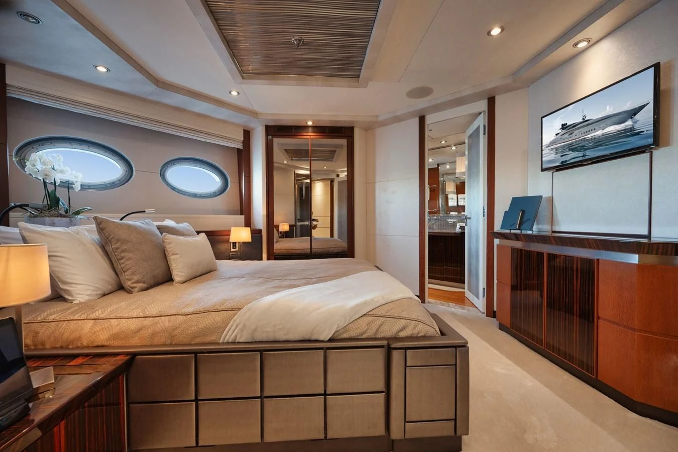 a hotel room with a bed aboard AQUANOVA Yacht for Sale
