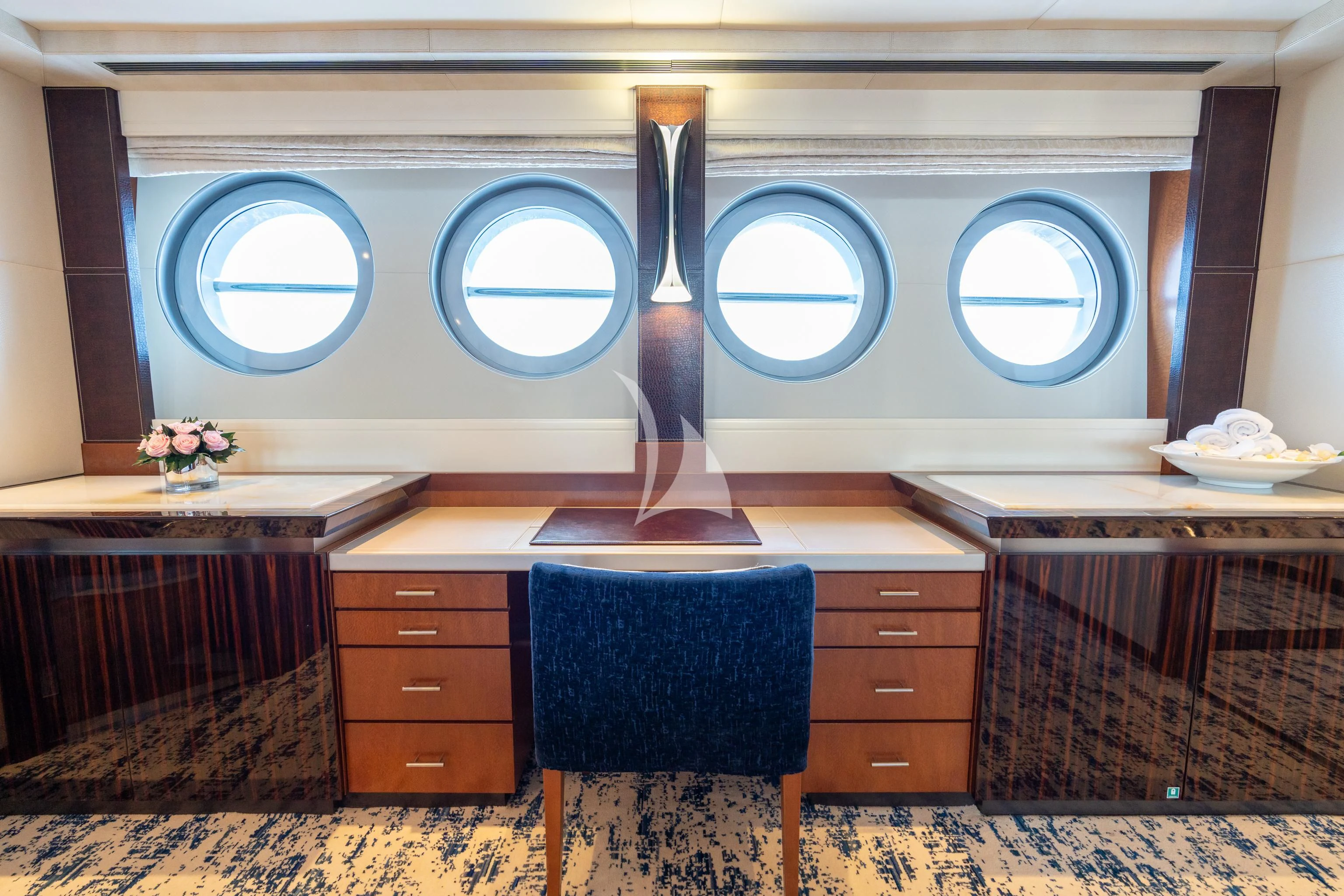 a room with a large window aboard AQUANOVA Yacht for Sale