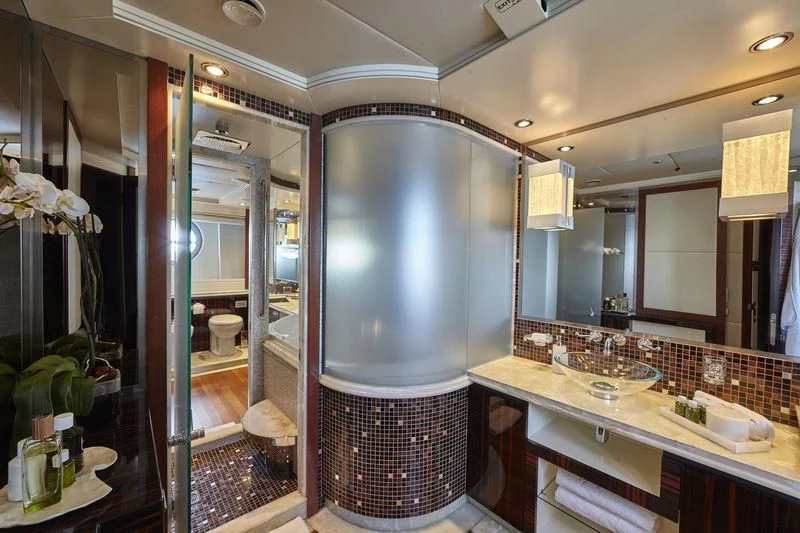a bathroom with a shower aboard AQUANOVA Yacht for Sale
