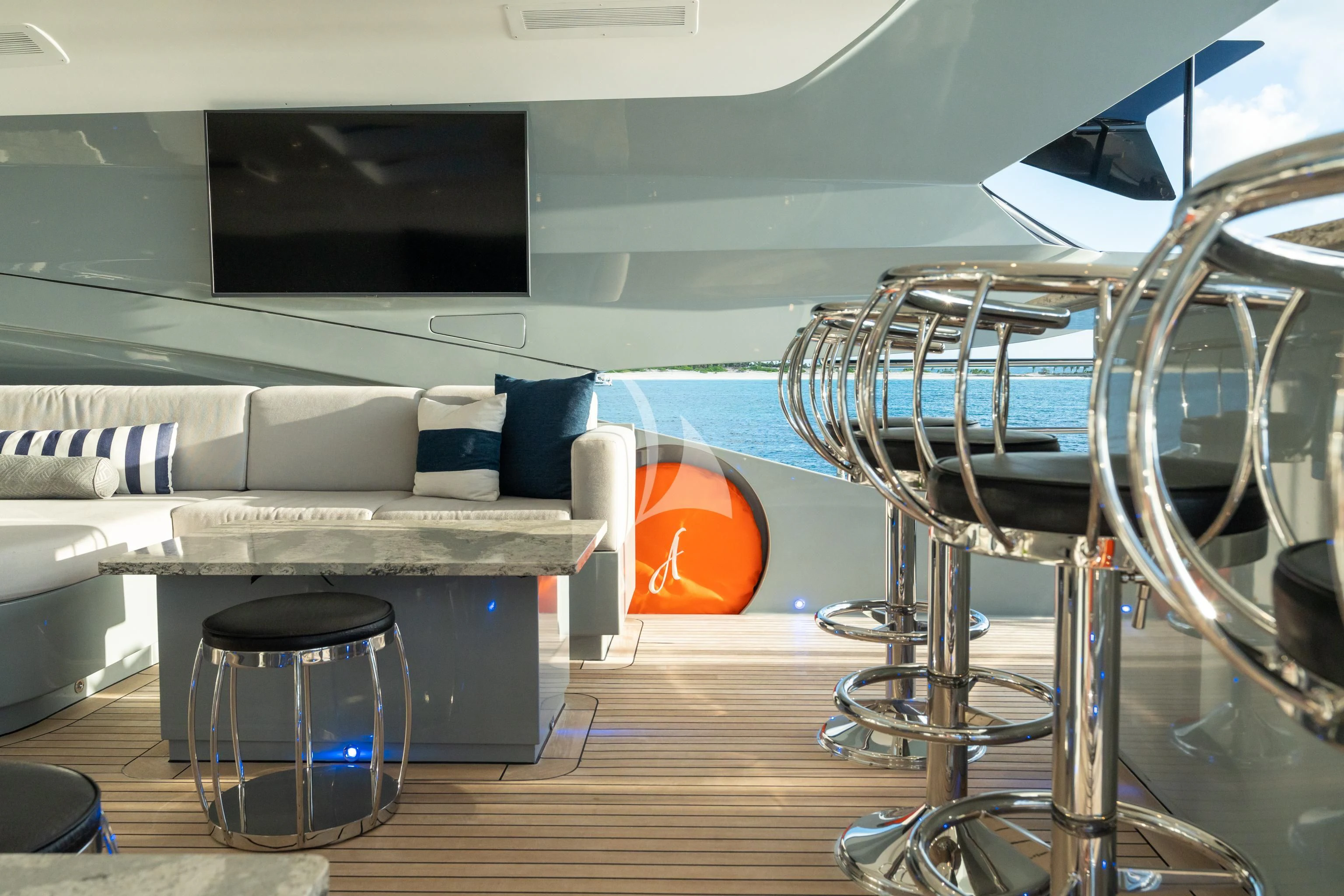 a room with a bed and a desk aboard AQUANOVA Yacht for Sale