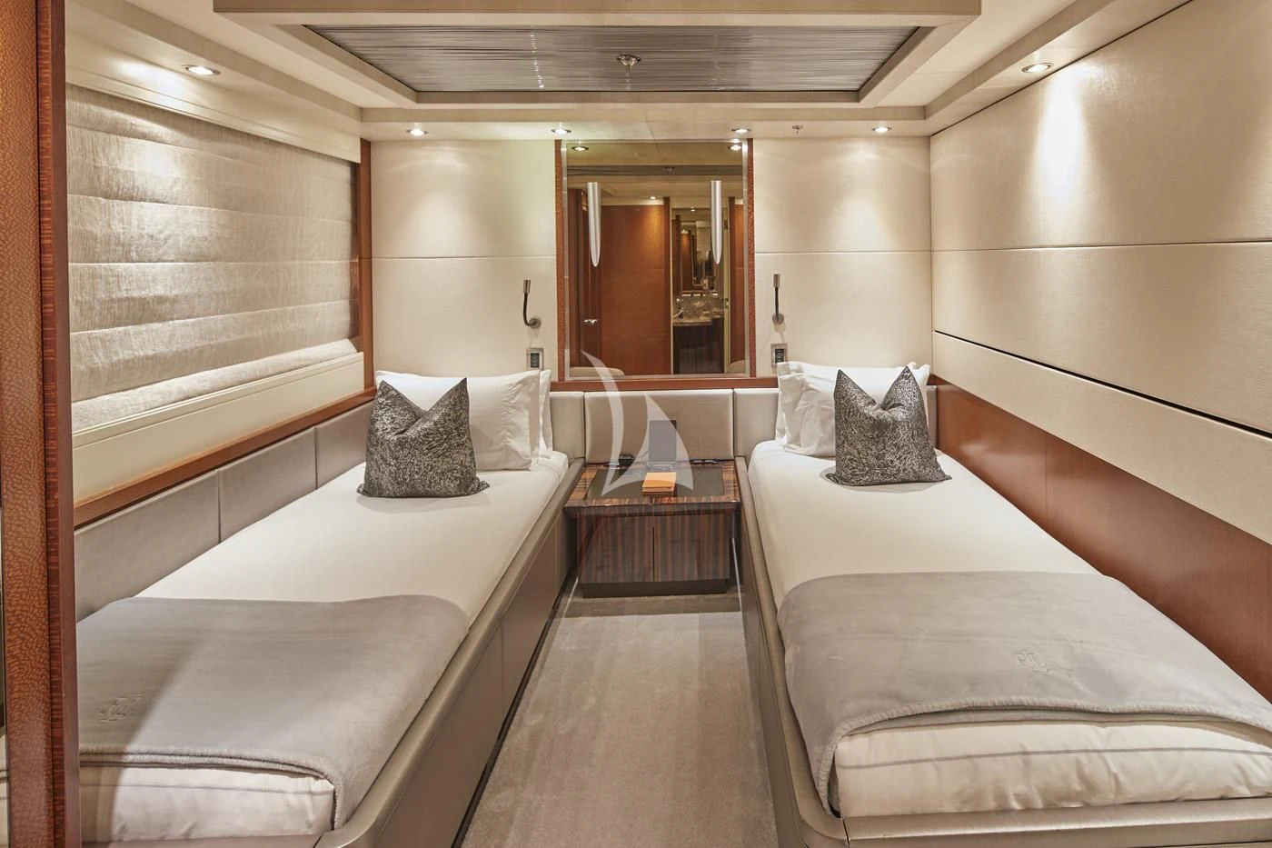 a room with two beds aboard AQUANOVA Yacht for Sale