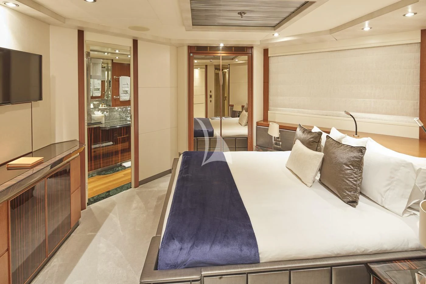 a hotel room with a bed aboard AQUANOVA Yacht for Sale